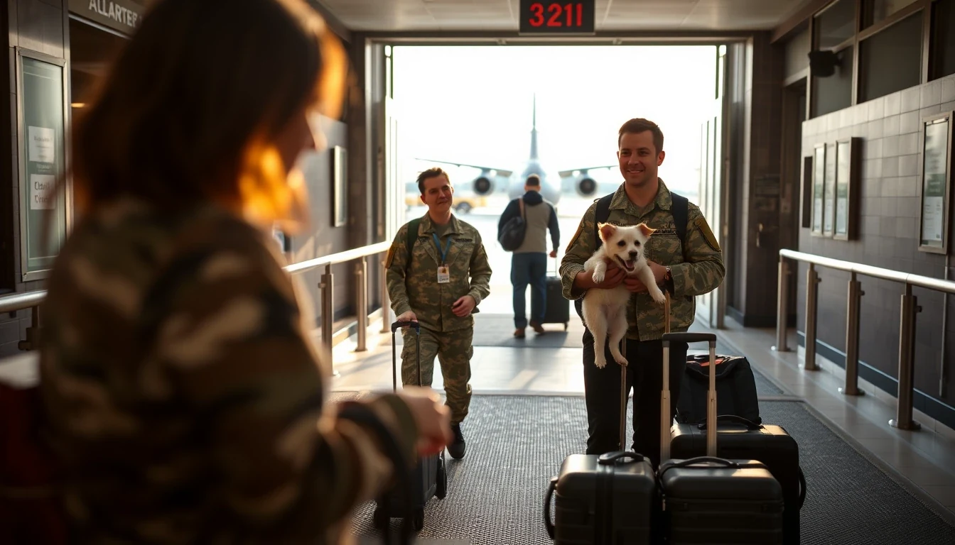 Military family with small dog and luggage at base gate