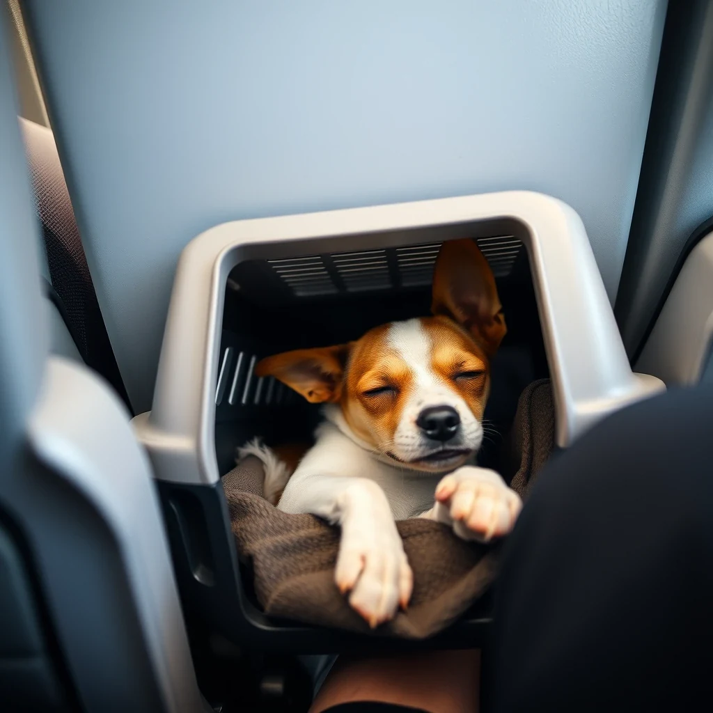 Small dog resting in airline-approved carrier under airplane seat at passenger feet