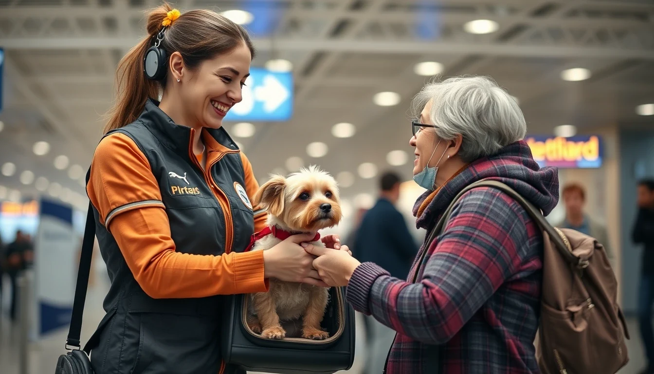 Pet flight nanny handing off small dog in carrier to relieved owner at airport arrivals