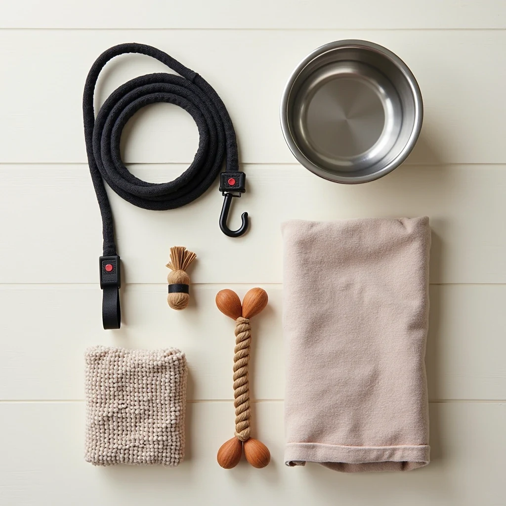 Editorial flat lay of pre-portioned dog food bags, medication bottle, vaccination paperwork, and ID tag on a wood table