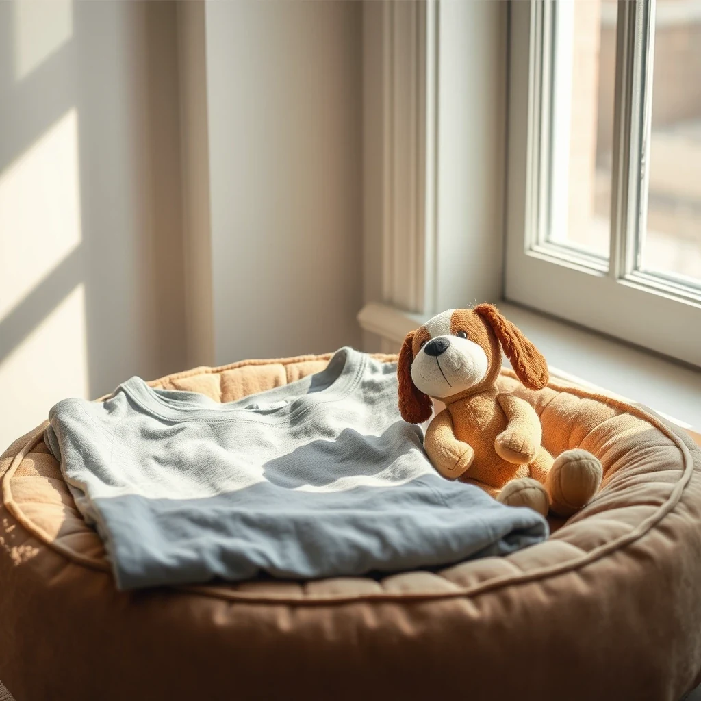 Folded worn cotton t-shirt and a soft well-loved dog toy on a pet bed near a window