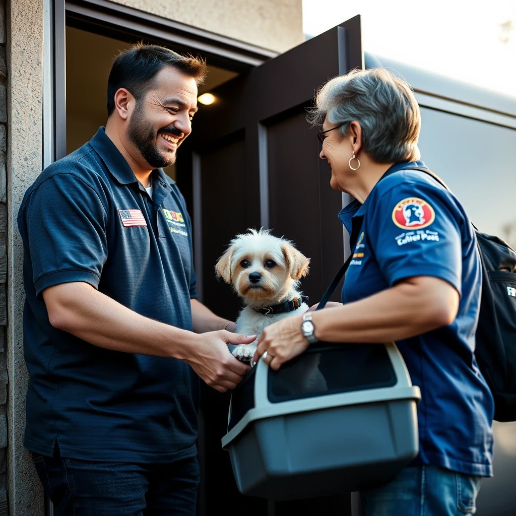 Pet transport driver handing leash to relieved owner at front door