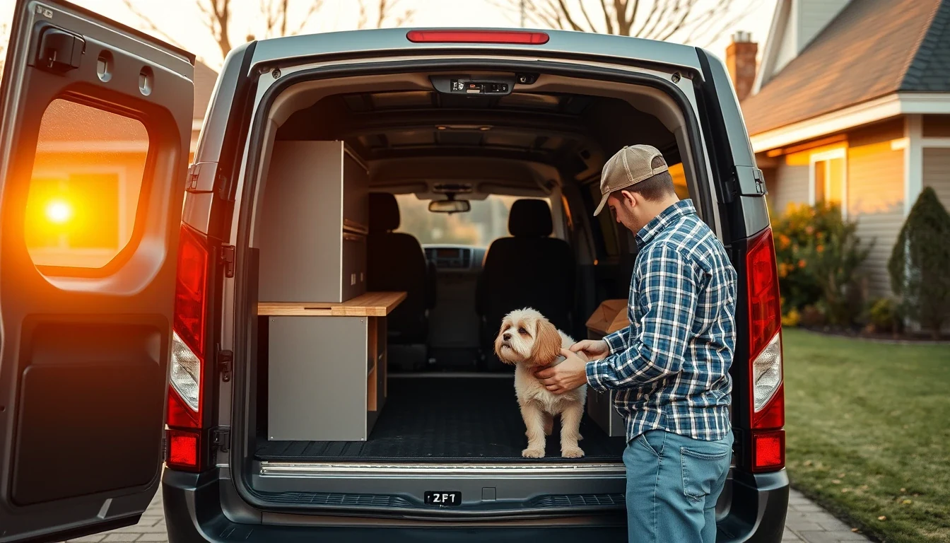 Pet Express transport vehicle with handler greeting a small dog