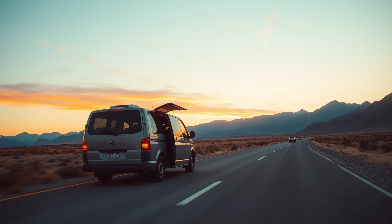 Pet transport van on open American highway at sunset