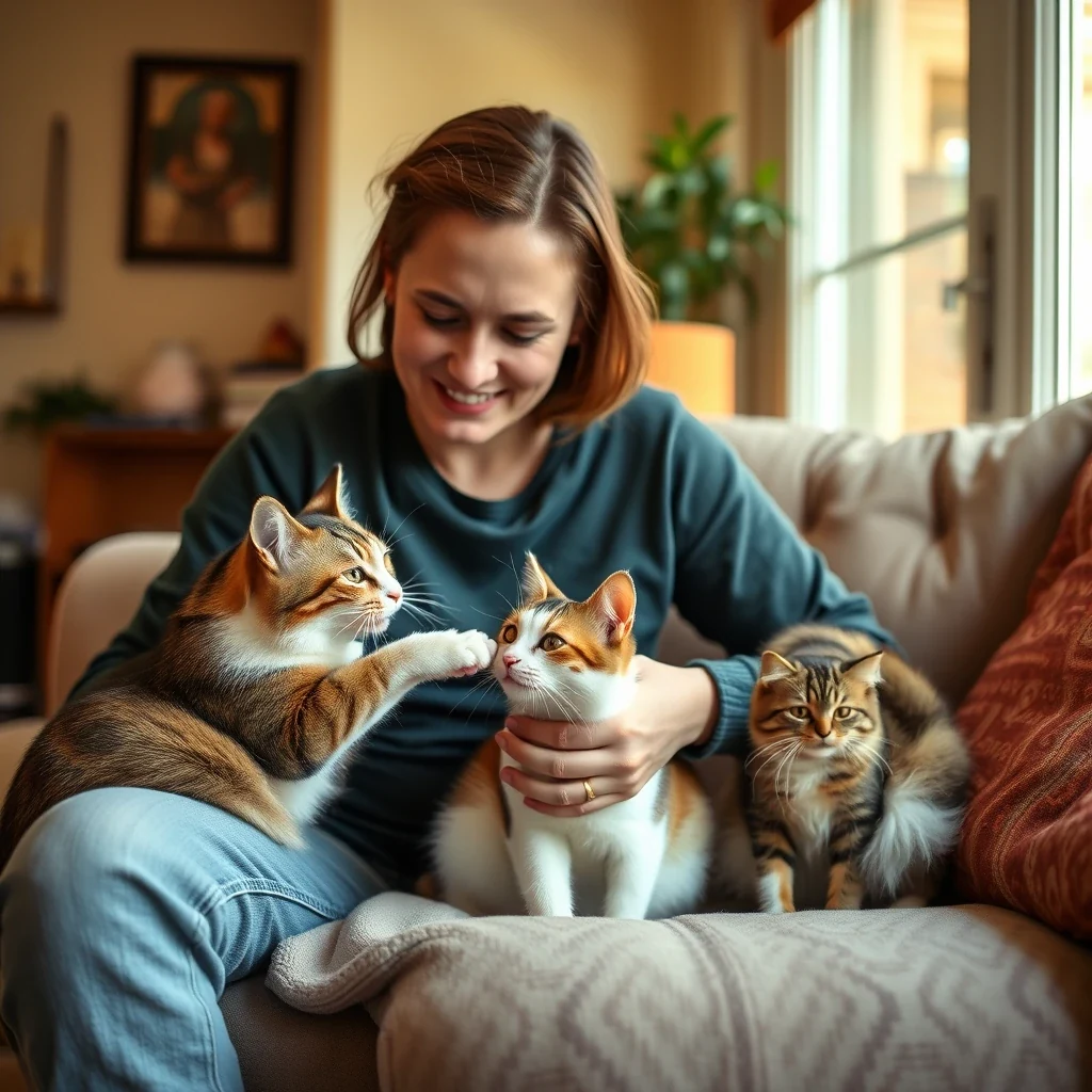 Pet sitter feeding two cats in cozy home interior, warm afternoon light