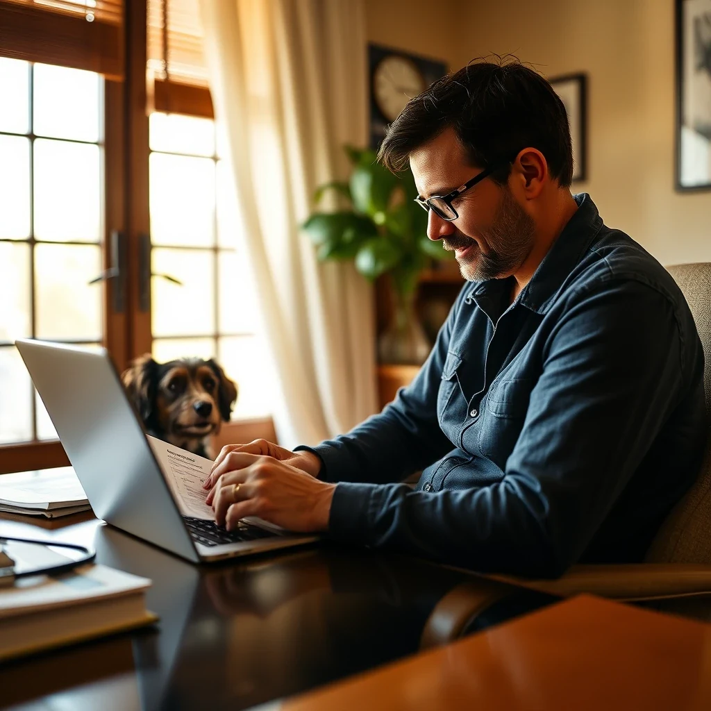 Pet sitter reviewing insurance paperwork on laptop in home office with pet visible