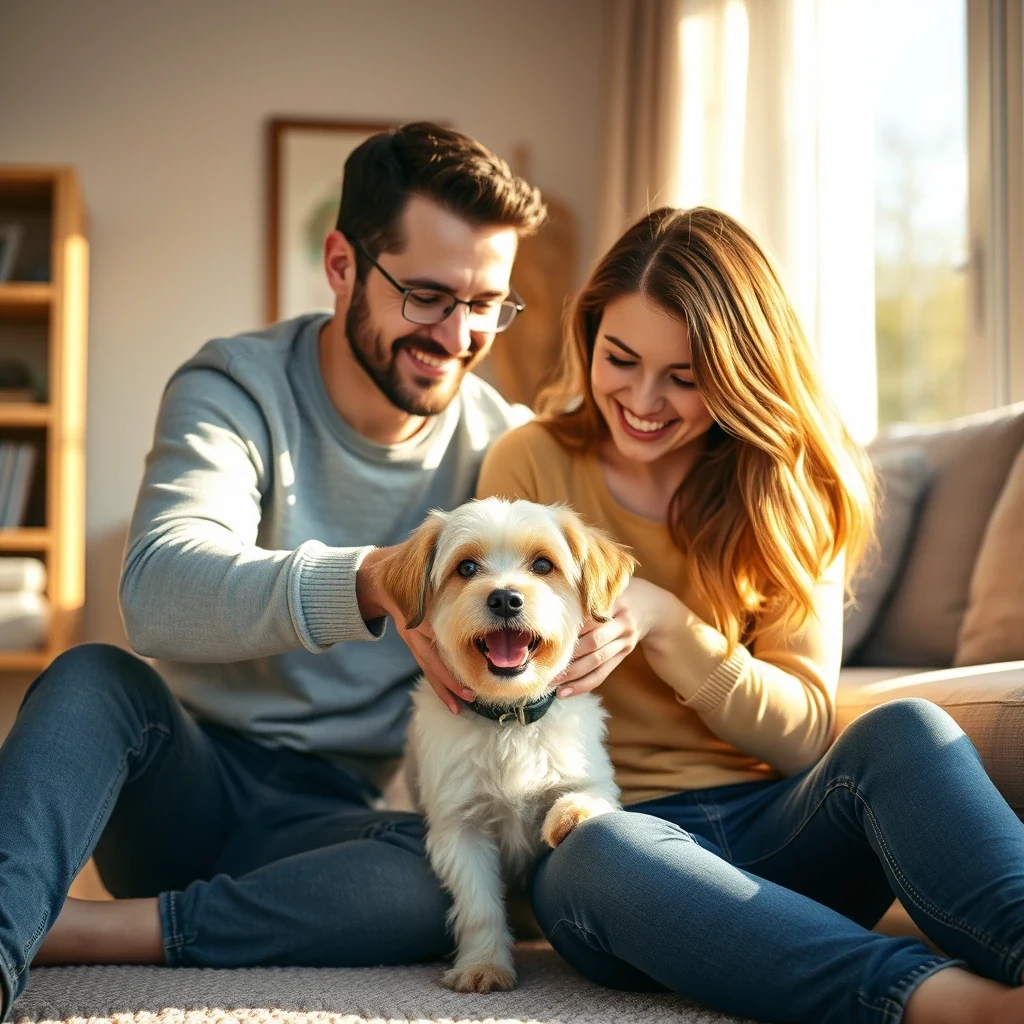 Friendly pet sitter playing with a small dog in a sunlit home, warm natural light