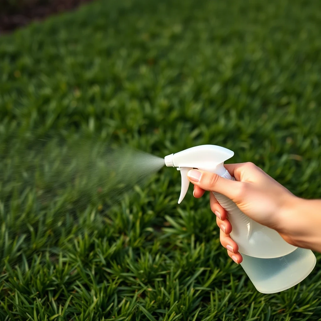 Hand spraying an enzyme cleaner bottle onto a lawn area, editorial photography in soft daylight