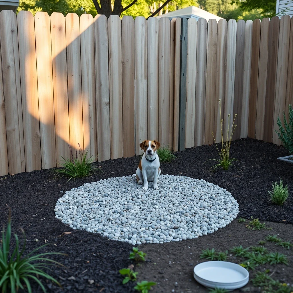 A designated gravel pet potty corner in a tidy backyard with a fence, warm afternoon light