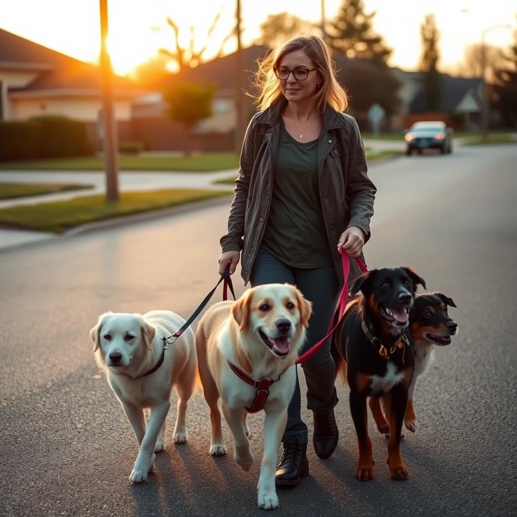 Rover-style dog walker with multiple dogs in suburban neighborhood, golden hour