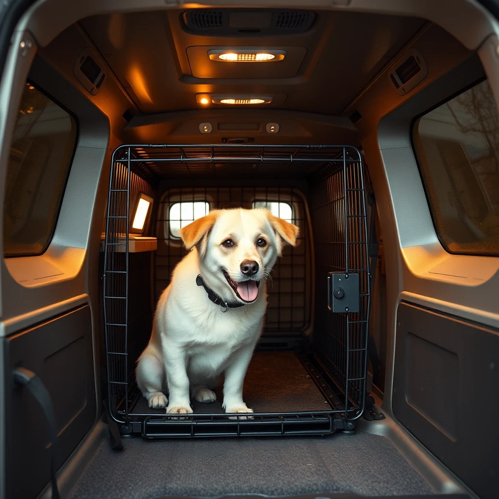 Clean IATA-compliant pet crate secured inside transport van