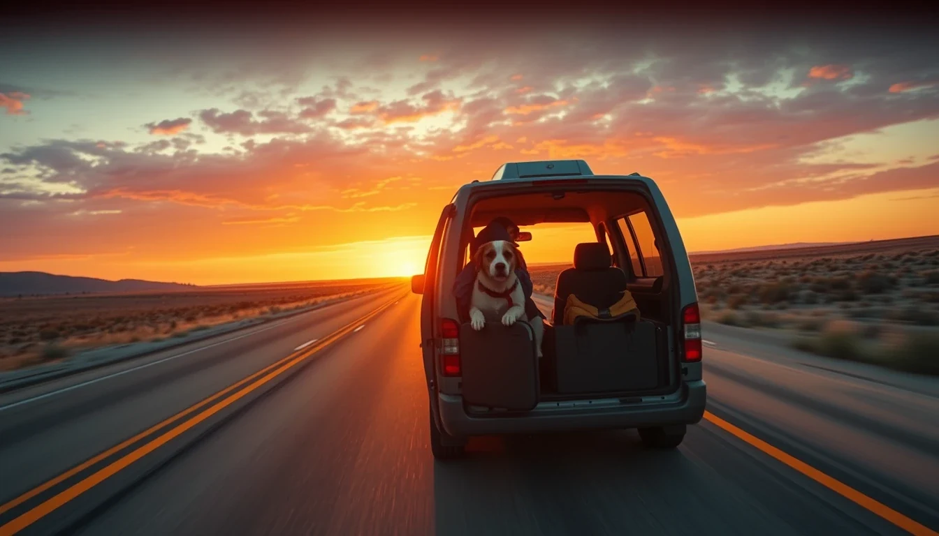 Pet transport van on American highway at golden hour