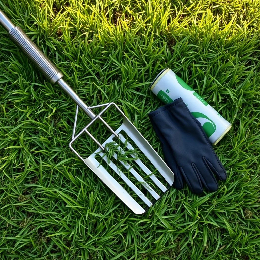 Editorial flat lay of a pooper scooper, biodegradable waste bags, and gardening gloves on grass