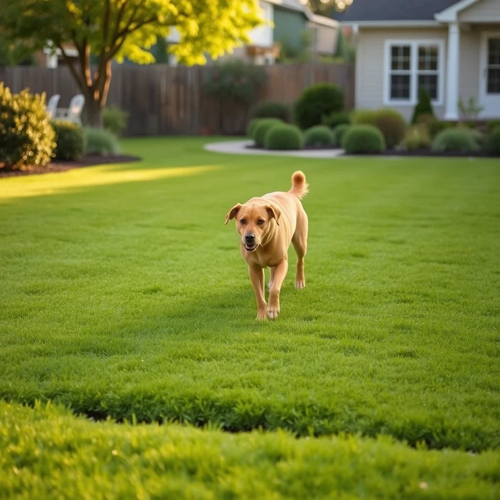 Healthy suburban lawn with a medium dog walking across clean grass in warm afternoon light