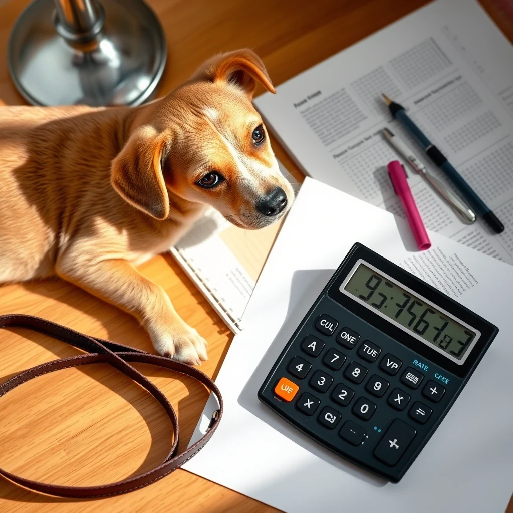 Editorial flat lay of pet sitting rate calculator with notes and dog leash on warm desk