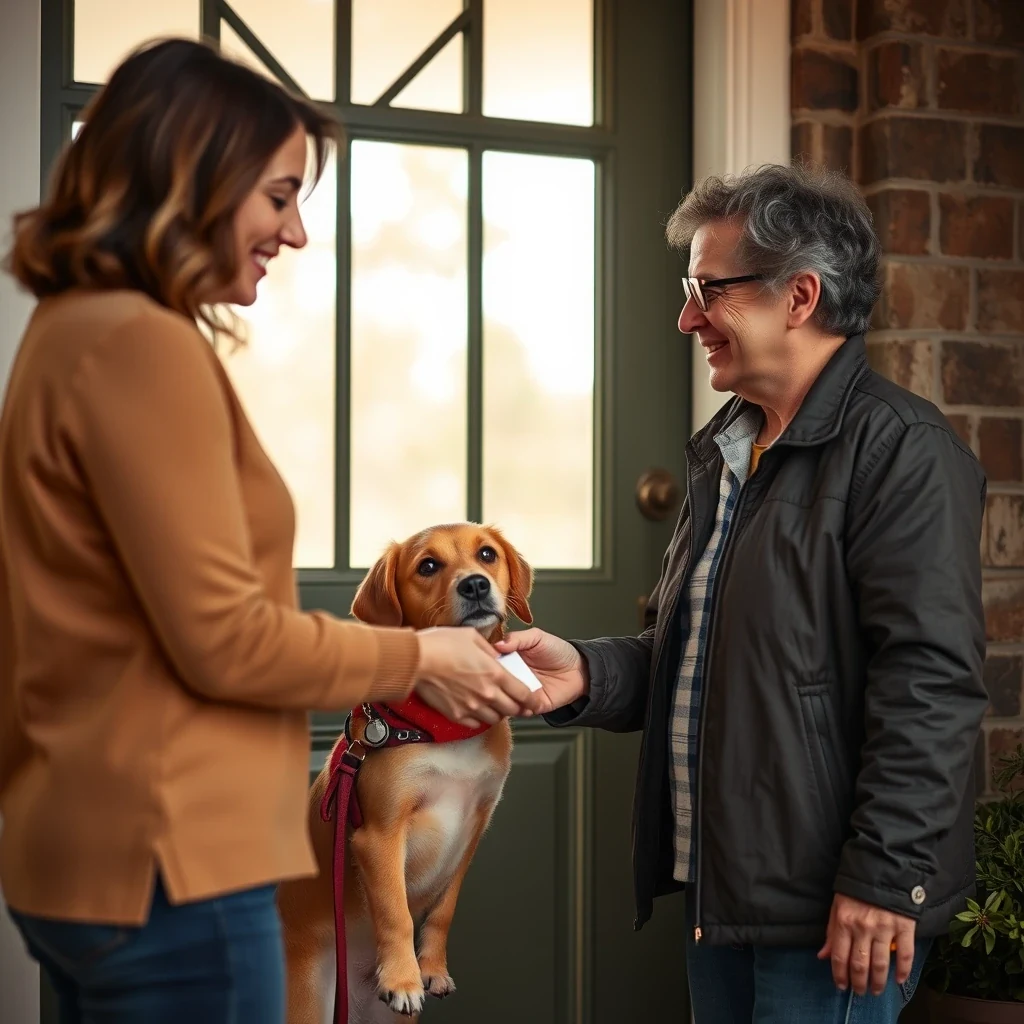 Pet sitter receiving payment from owner at front door, warm friendly handoff
