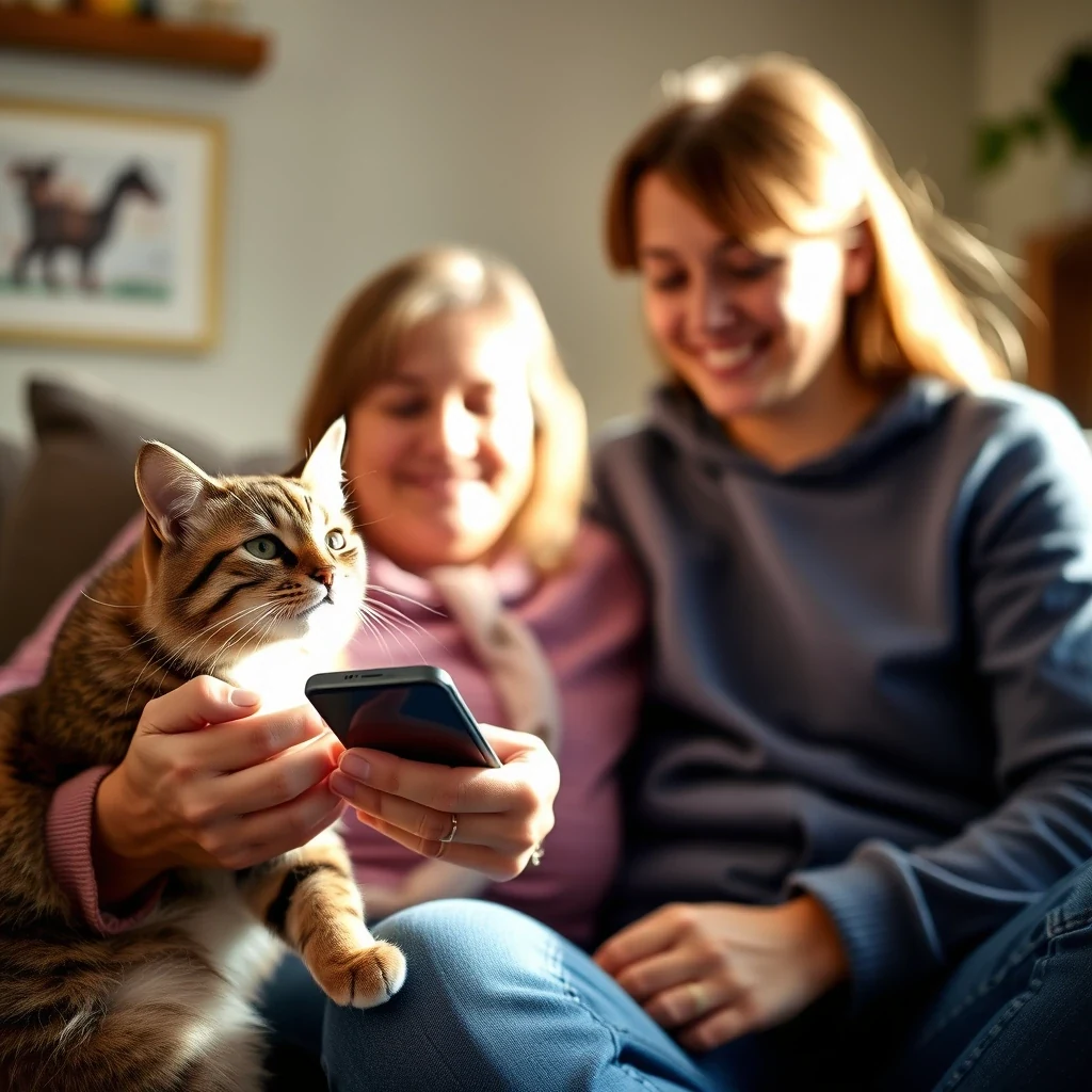 Pet sitter using booking app on phone with happy cat client in background
