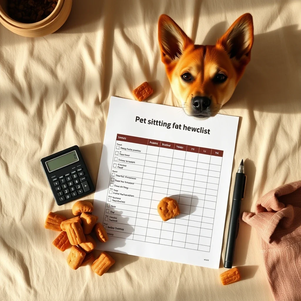 Editorial flat lay of pet sitting business startup checklist with calculator and treats