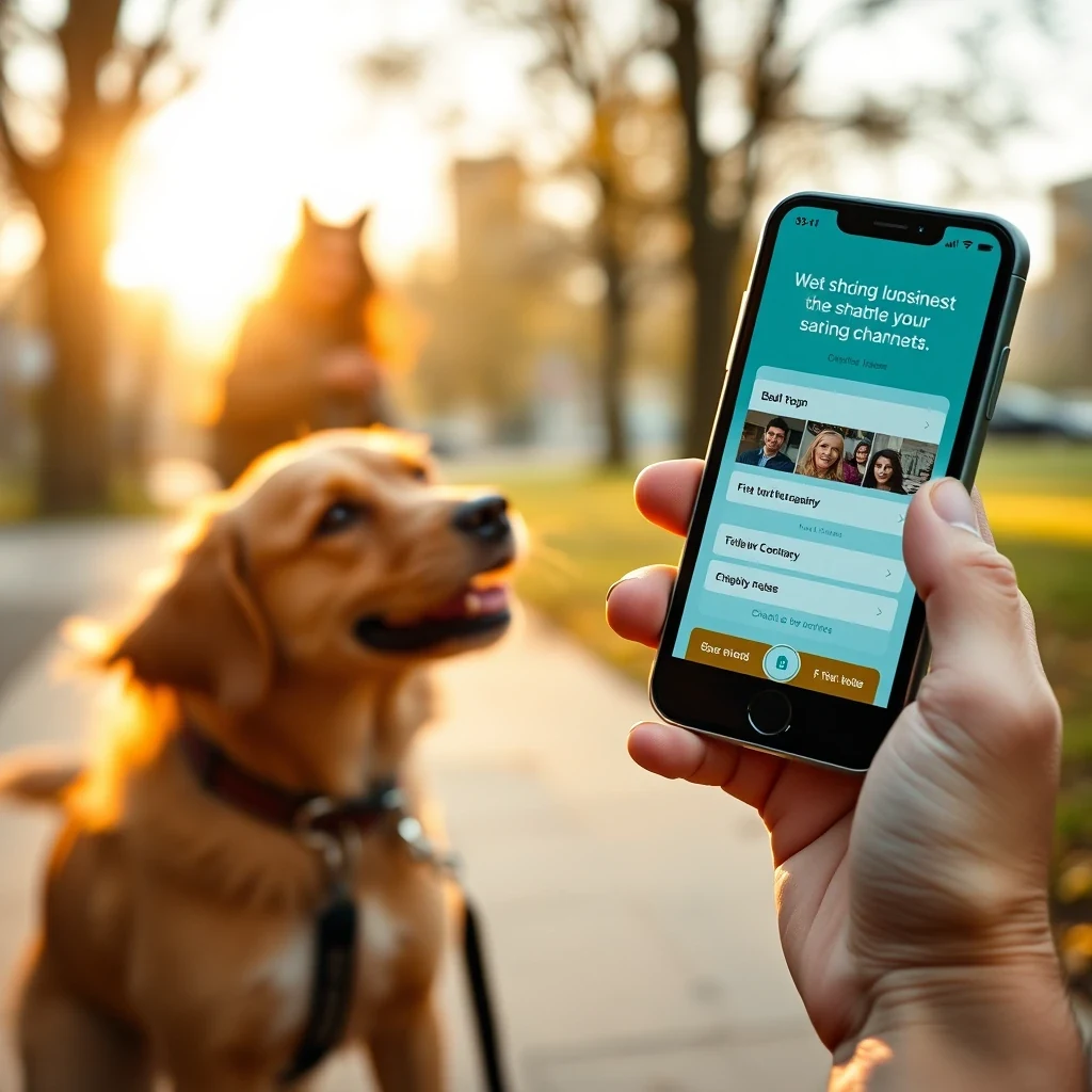 Phone showing dog walking business booking app with first paid client visible
