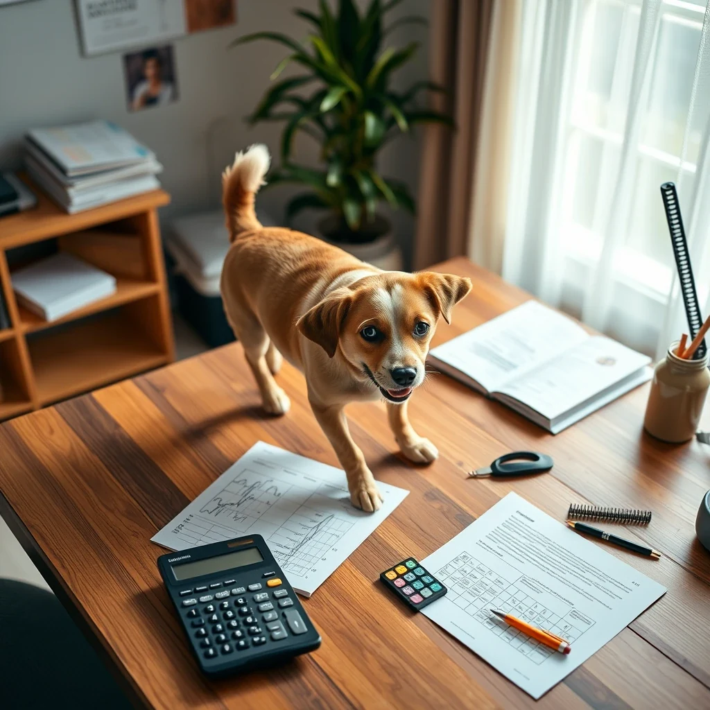 Editorial flat lay of dog walking business startup checklist with calculator on warm desk