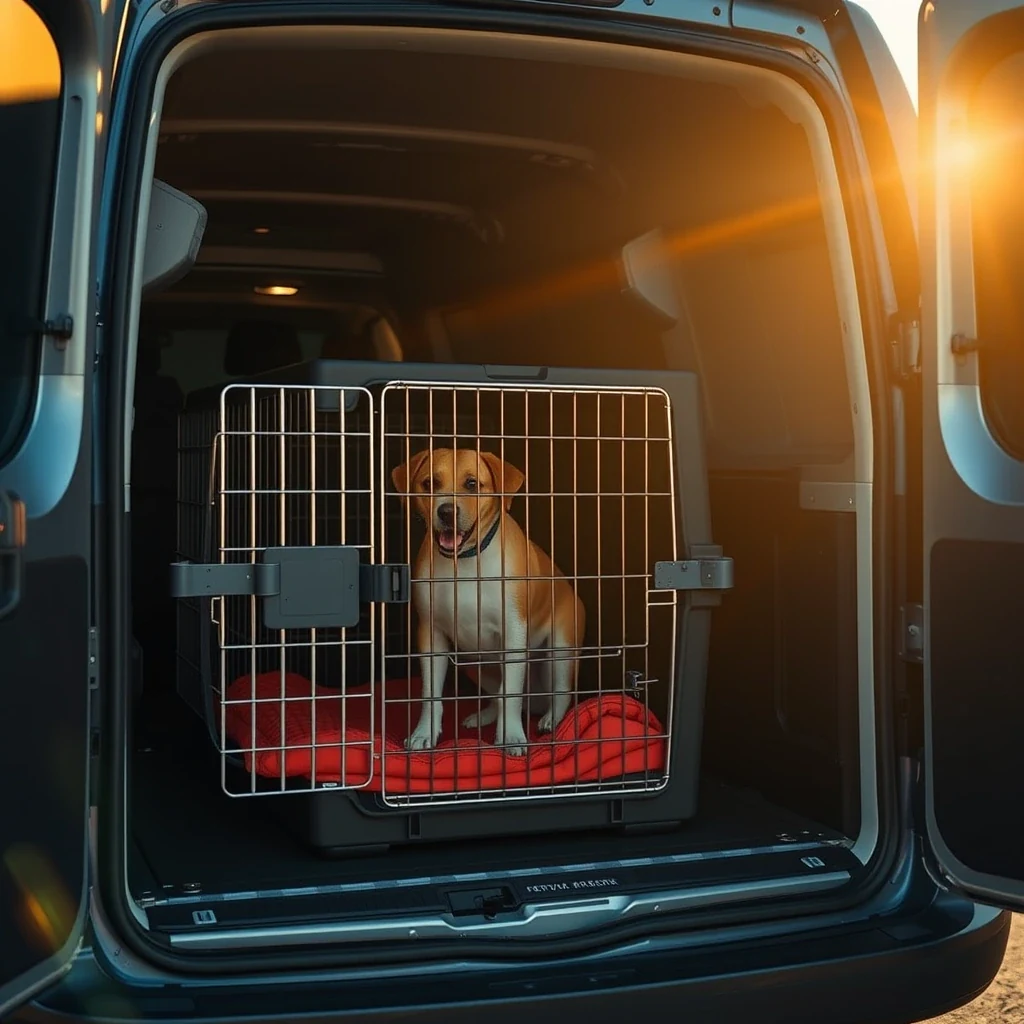 IATA-compliant pet cargo crate being secured inside commercial pet transport vehicle