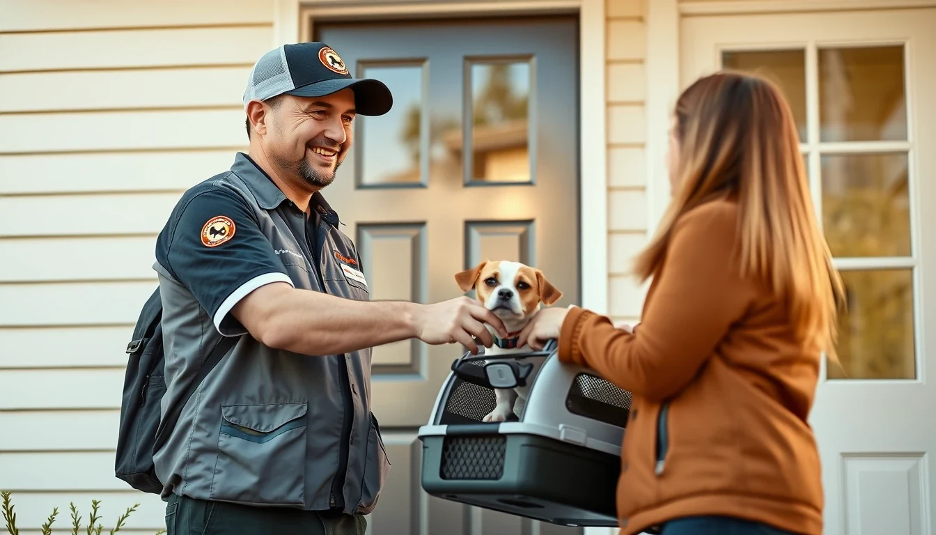 Warm handoff between transport driver in branded uniform and happy pet owner at front door