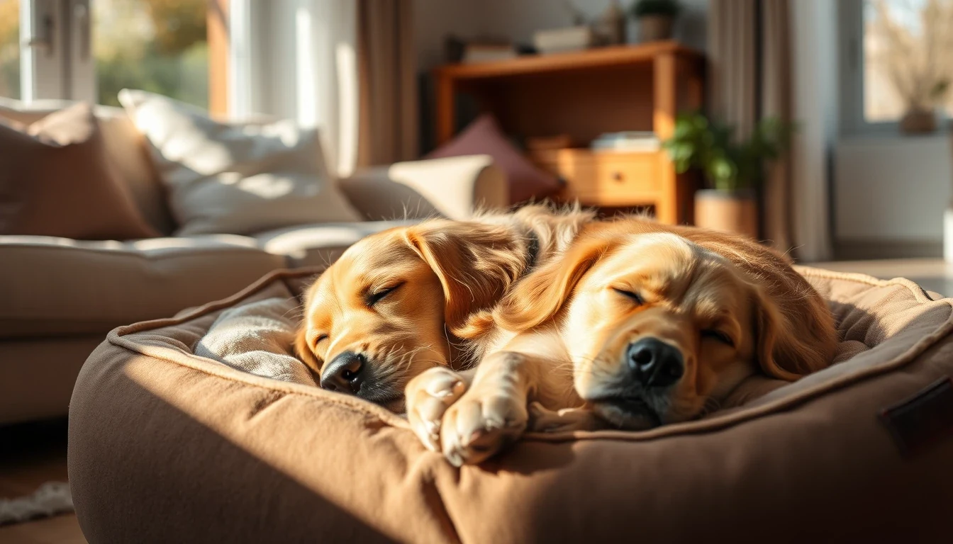 Golden retriever asleep on a living room dog bed in warm afternoon light, fully relaxed