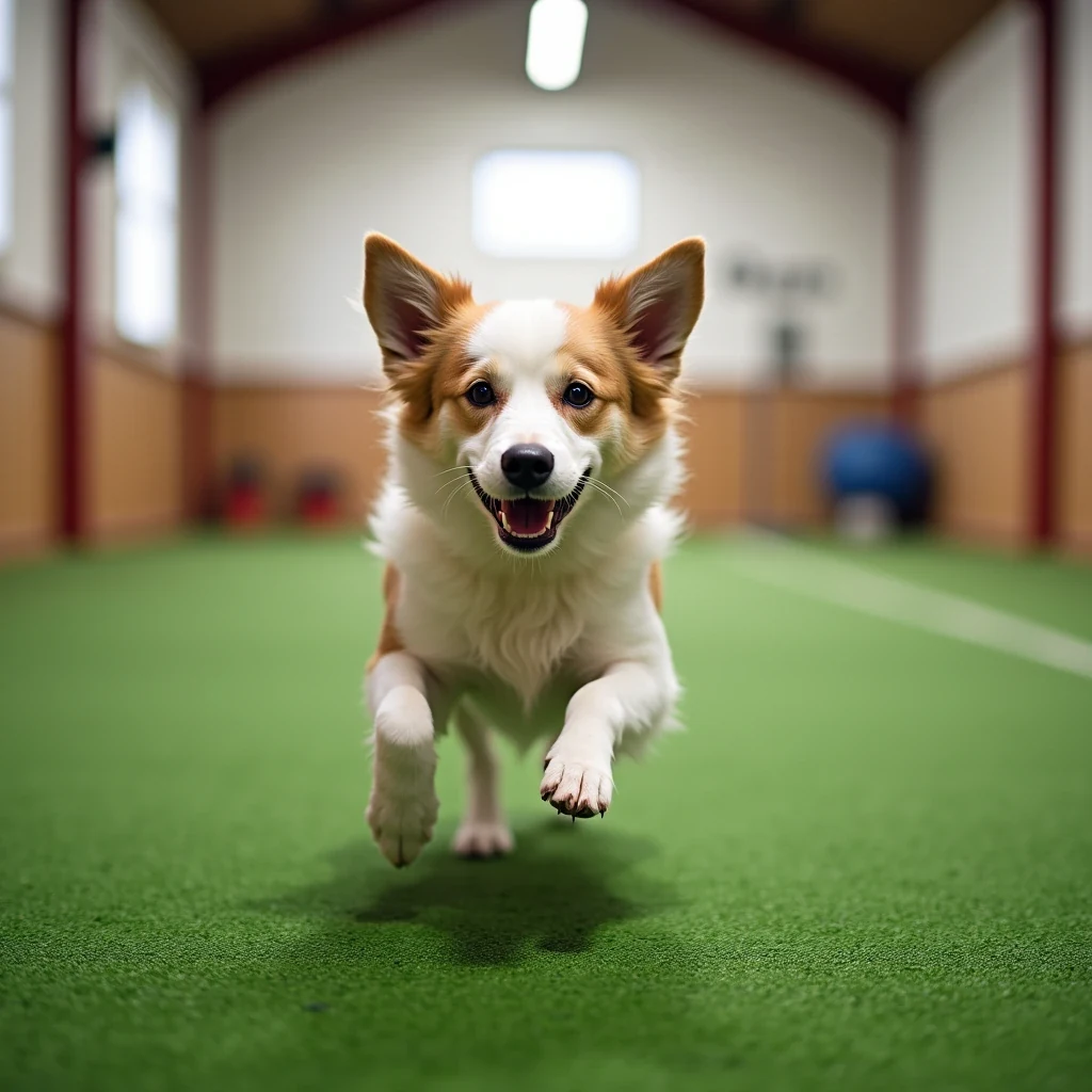 Group of dogs playing together in a bright indoor daycare play yard
