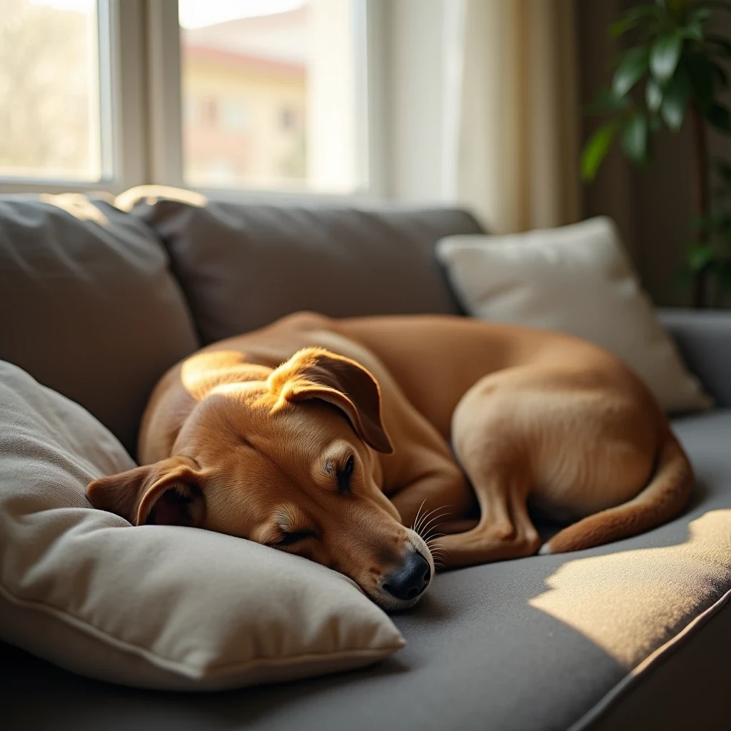 Owner gently petting a sleepy dog curled up on a couch at home, soft window light