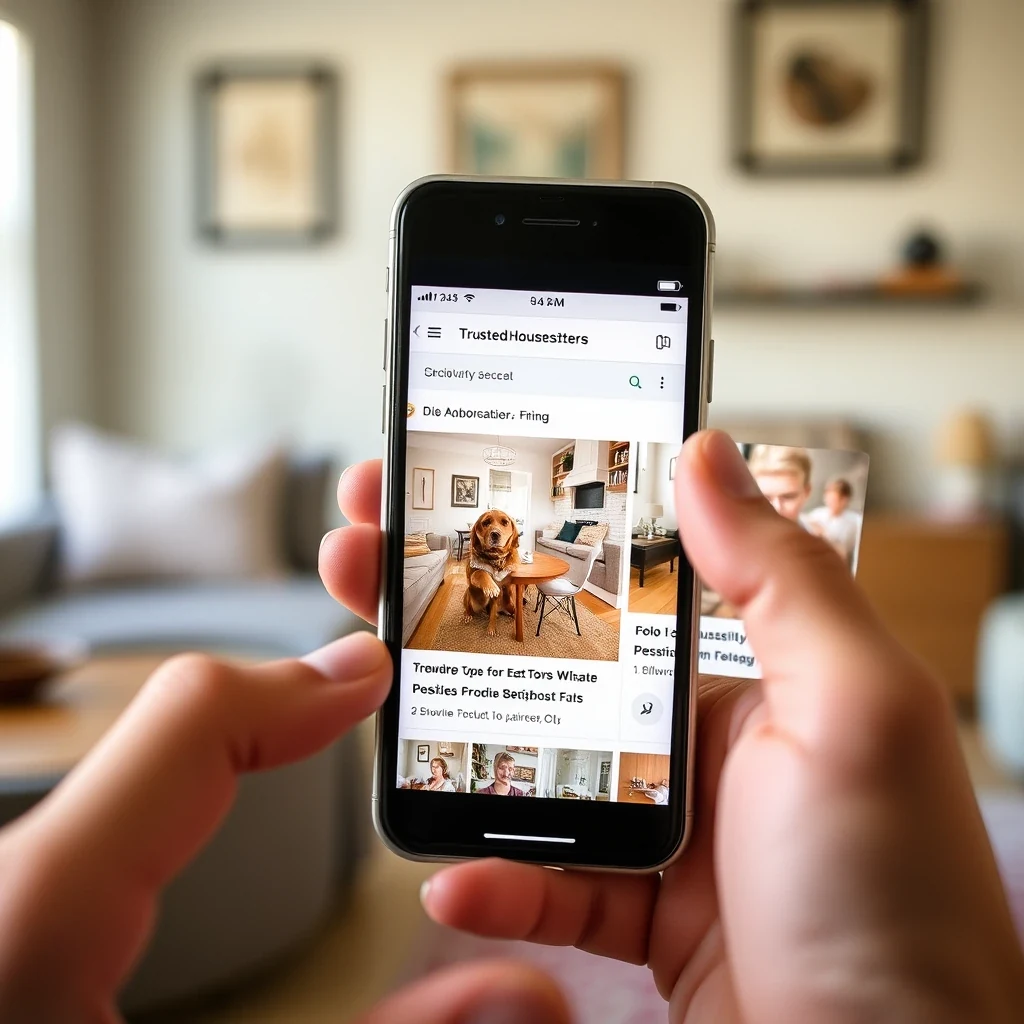 Phone showing TrustedHousesitters listings with home and pet photos