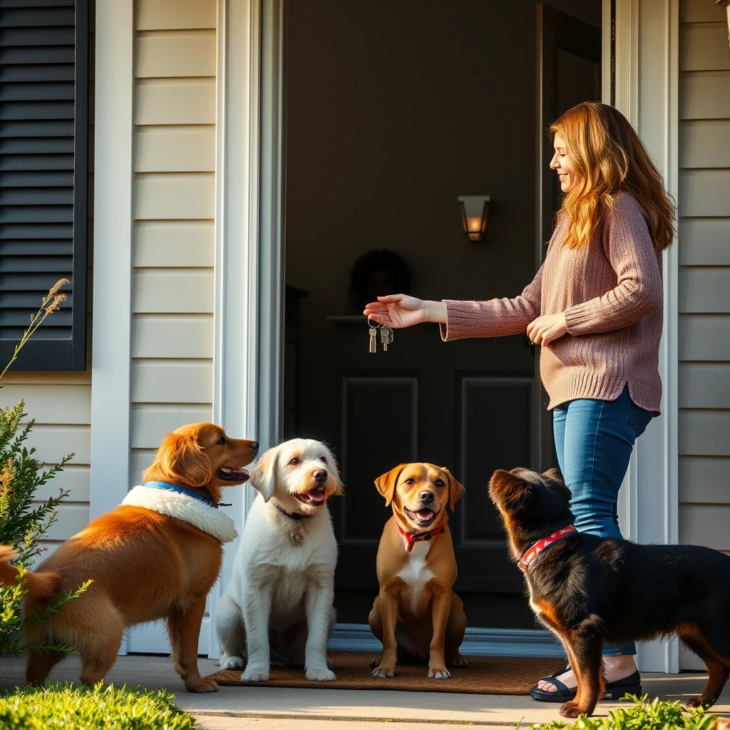Pet owner handing keys to trusted housesitter at front door with pets waving goodbye