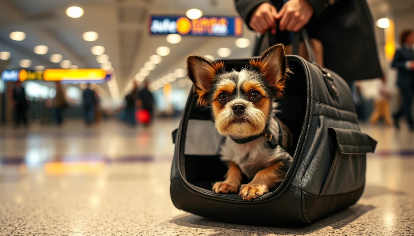 Small dog in airline carrier at Heathrow airport arrivals gate