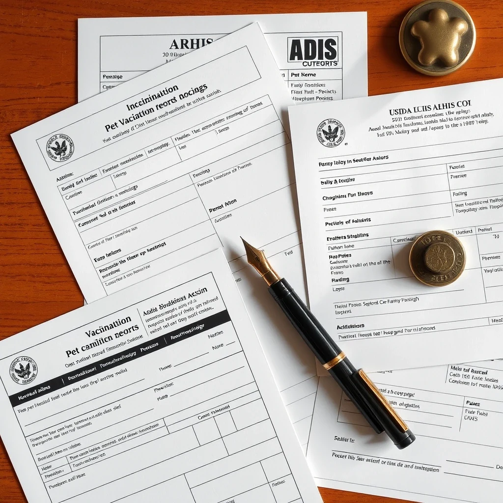 USDA APHIS forms and vaccination records flat lay