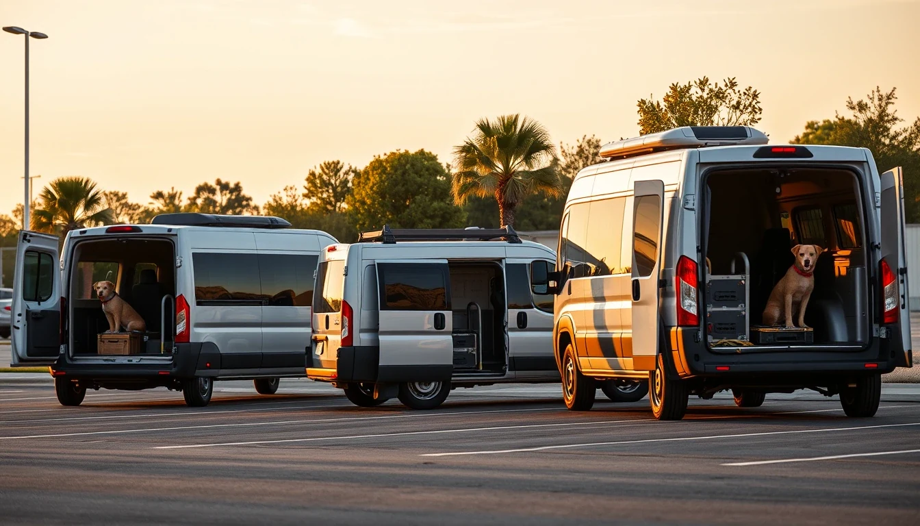 Three pet transport vans parked in a row at a parking lot