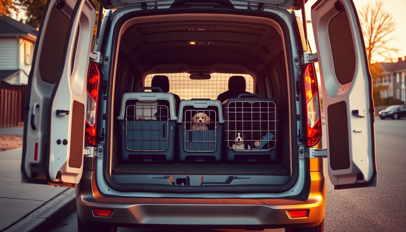 Ford Transit Connect with rear doors open showing organized pet crates