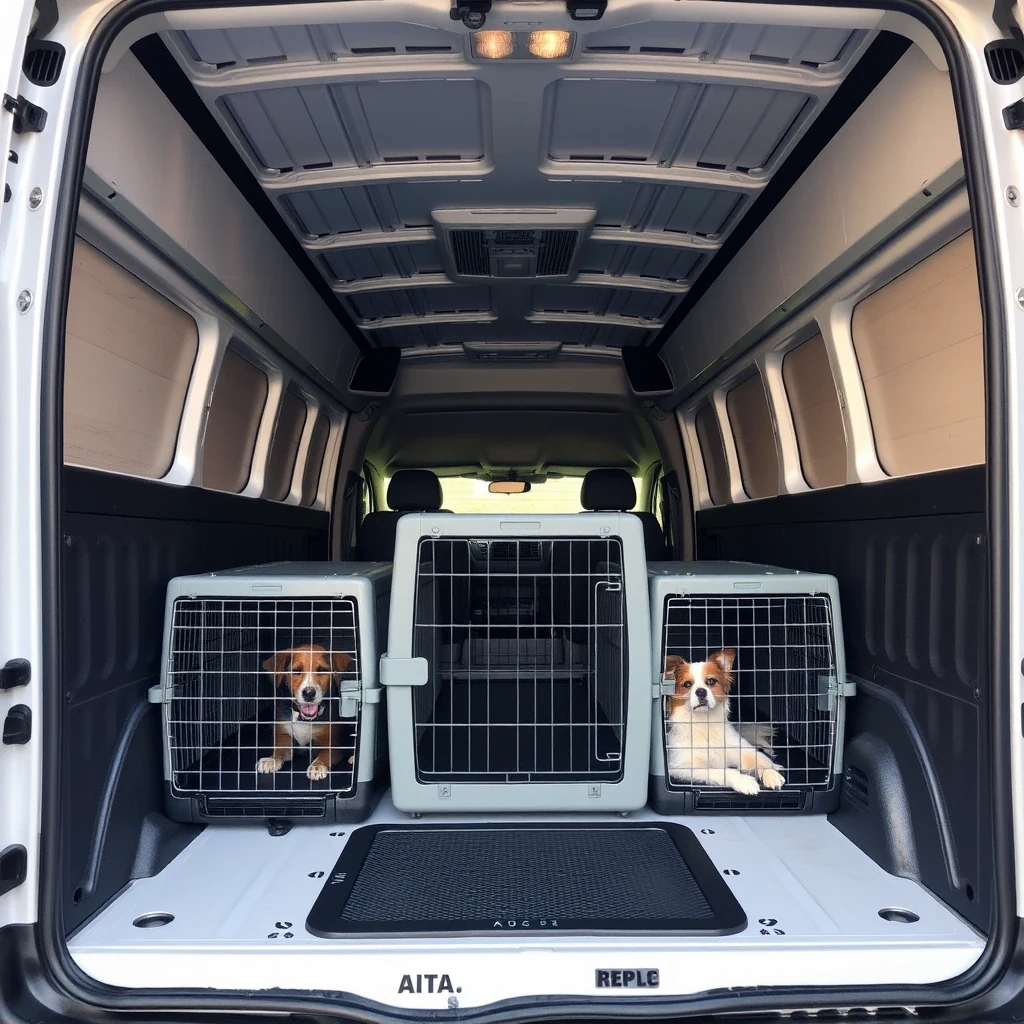 Clean organized pet transport van interior with IATA-compliant crates