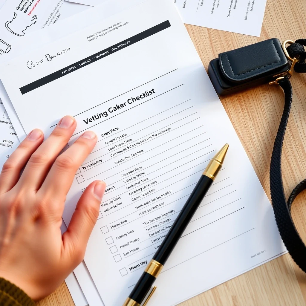 Editorial flat lay of dog walker vetting checklist with pen, dog leash, vaccination records