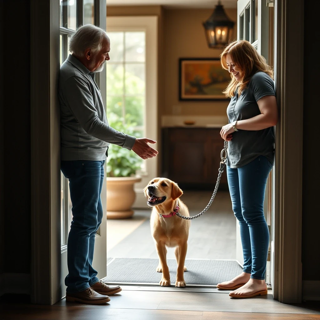 Pet owner shaking hands with vetted dog walker at doorway, dog excited to meet
