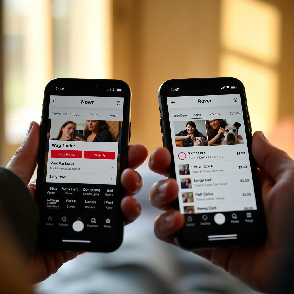 Side-by-side phone screens comparing Wag and Rover booking interfaces