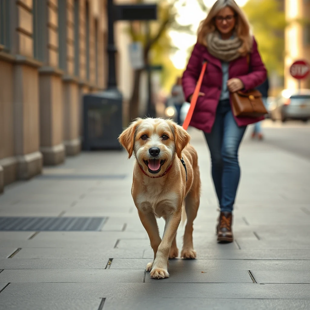 Wag-style dog walker with single dog on leash in urban setting