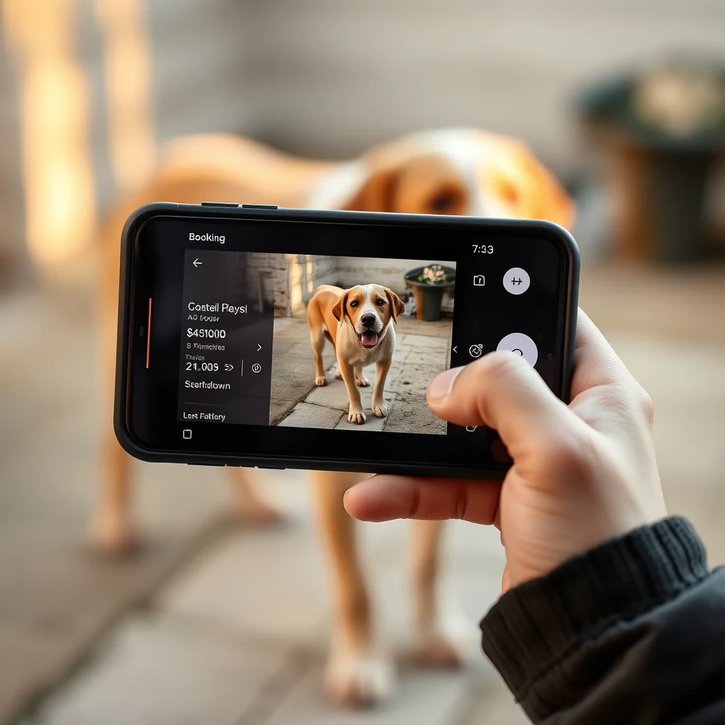 Phone showing dog walking app booking screen with cost breakdown, dog visible in background