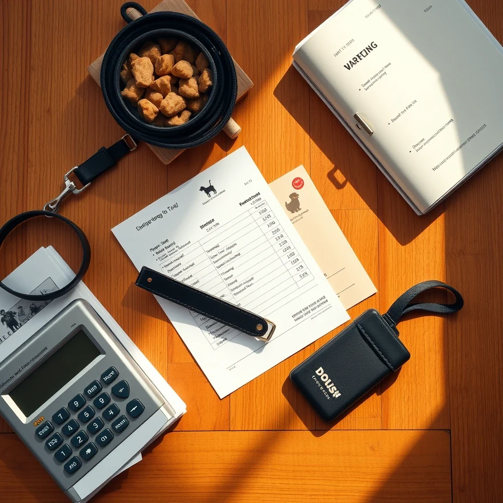 Flat lay of dog walking receipts, calculator, leash, and treats on warm wooden desk