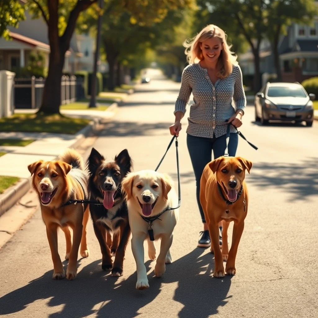 Dog walker leading group of four well-behaved dogs on sunny suburban street