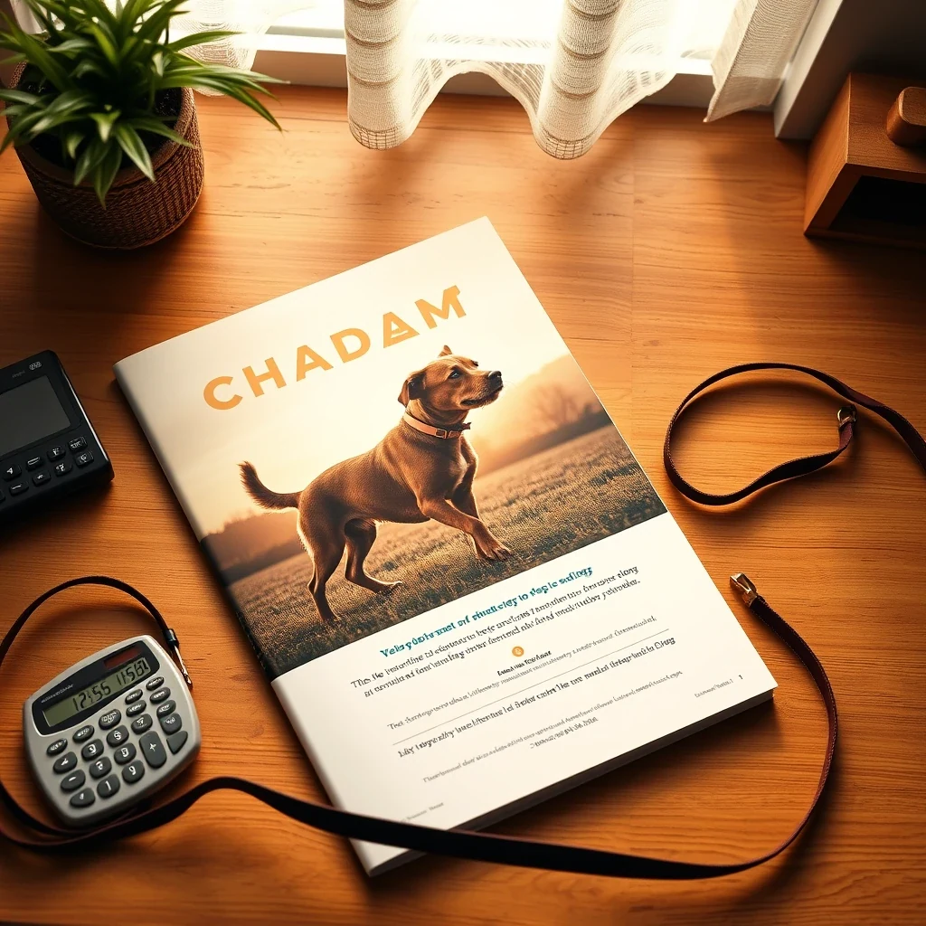 Flat lay of dog walking package tier brochure with calculator and leash on warm desk