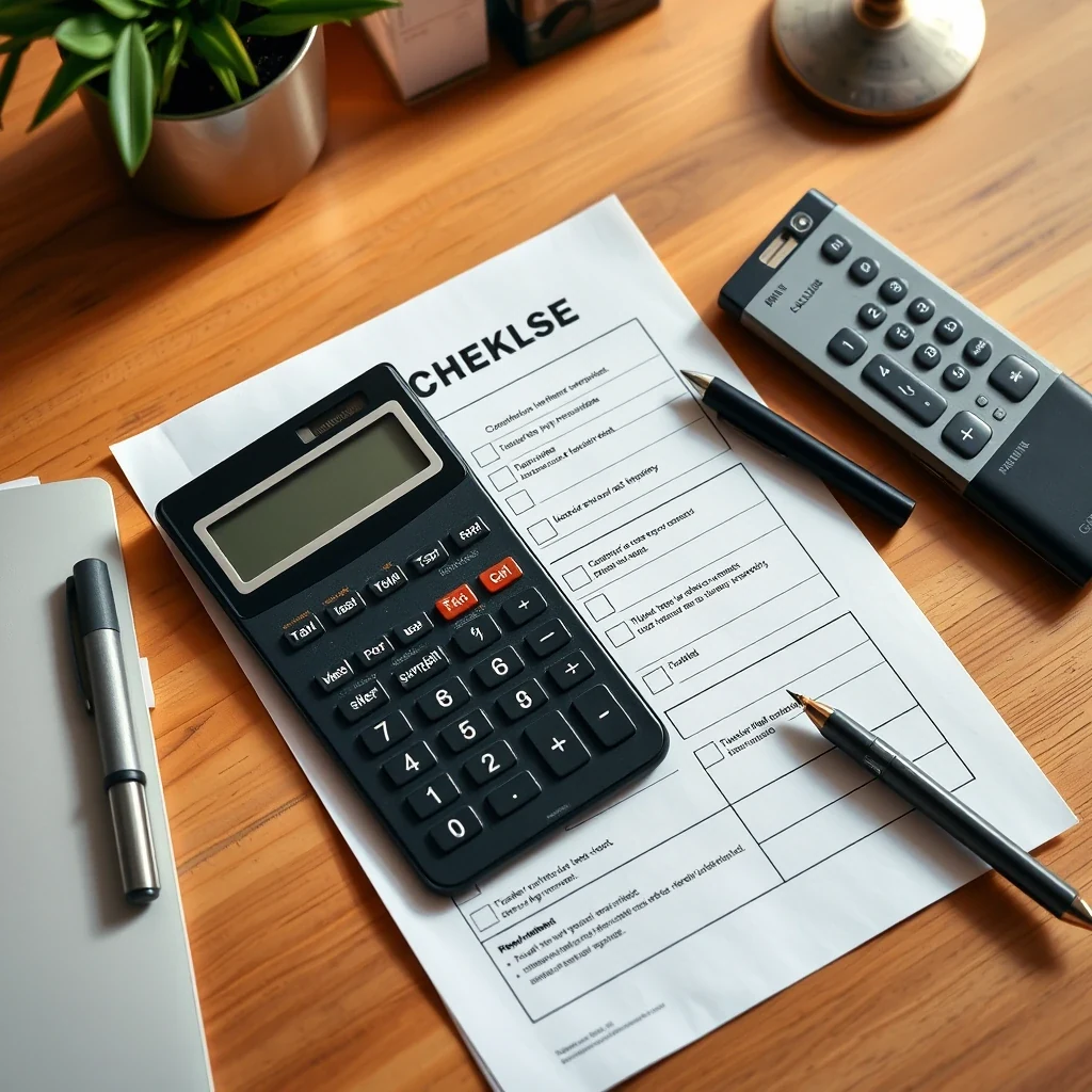 Editorial flat lay of pooper scooper business startup checklist with calculator on warm desk