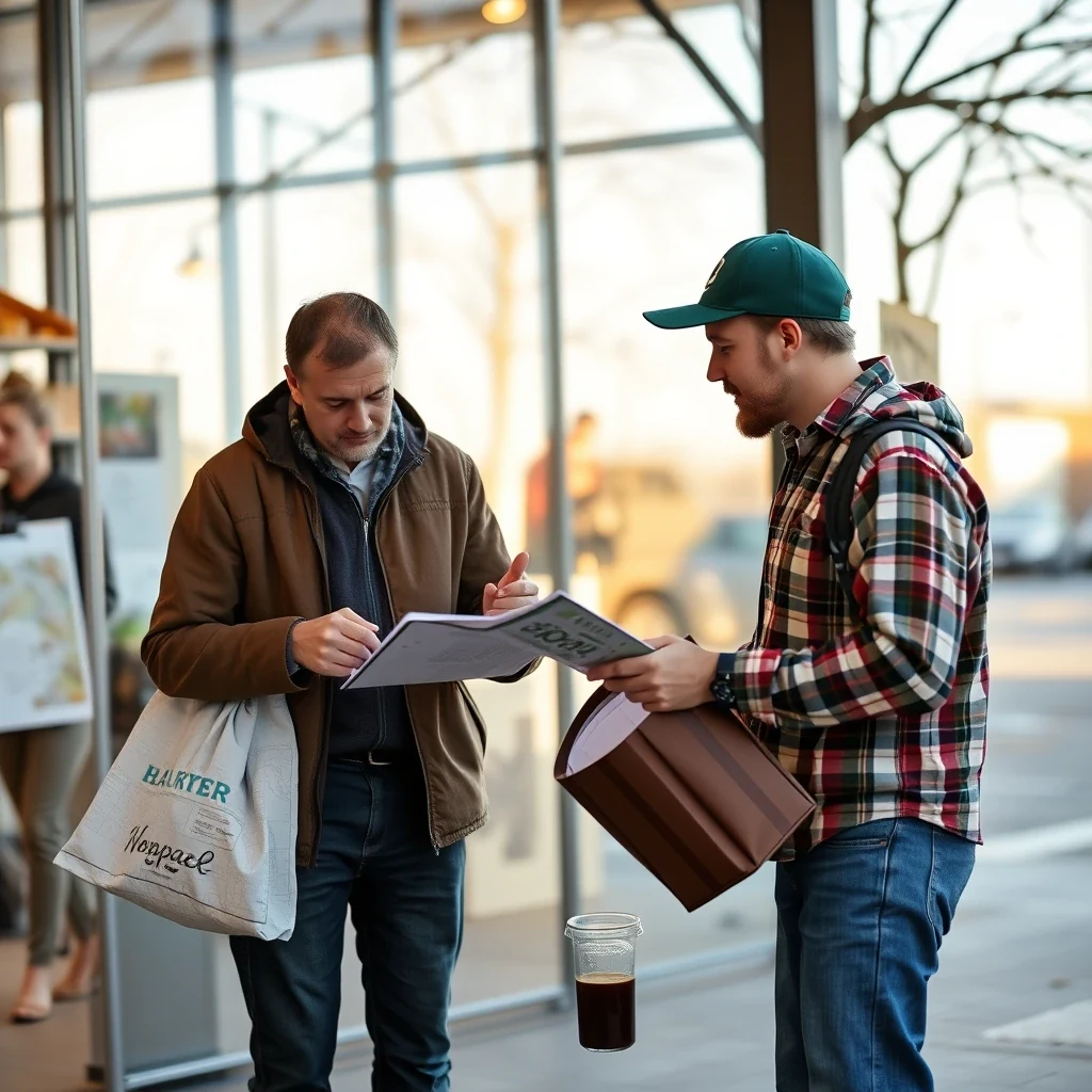 Pooper scooper business owner planning a service route on a map with coffee, editorial