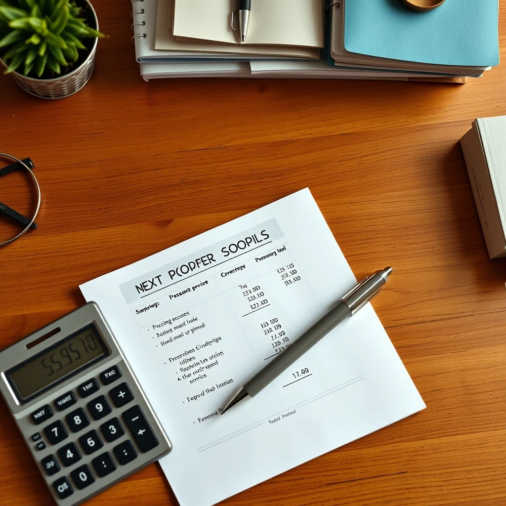 Editorial flat lay of pooper scooper service pricing notes with calculator on warm wooden desk