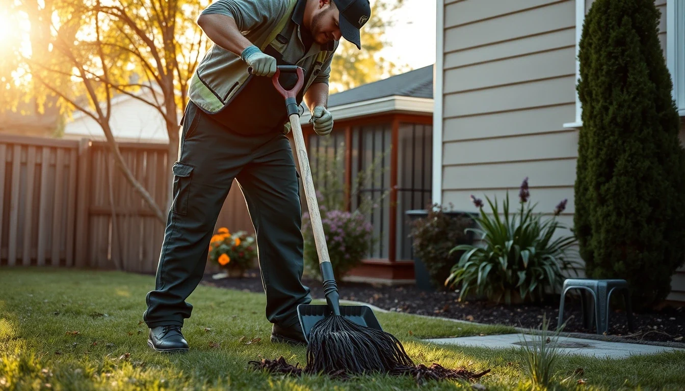 Professional pooper scooper service worker cleaning a residential backyard with scooping tools, warm morning light