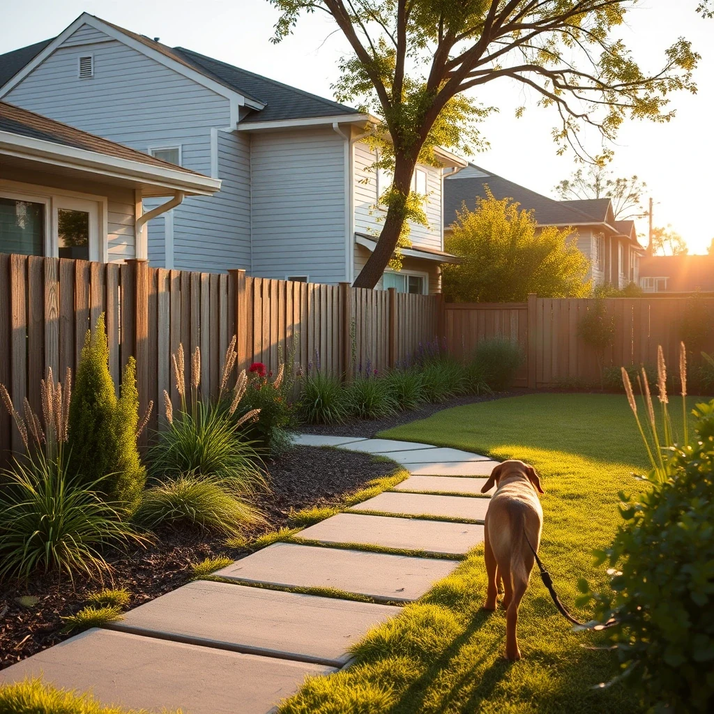 Clean tidy suburban backyard after professional dog waste removal, golden hour