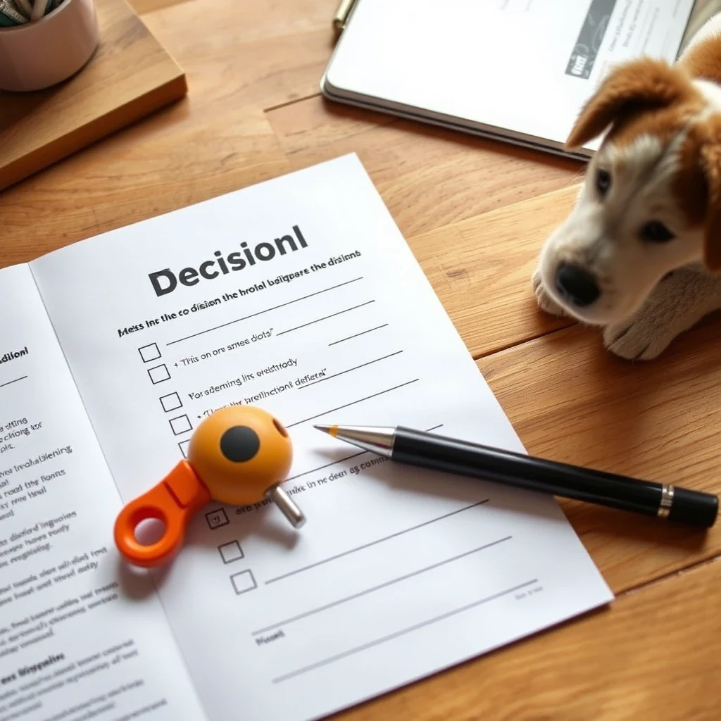 Editorial flat lay of decision checklist with dog toy and pen on warm wooden desk